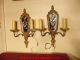 Pair Antique Art Deco Brass/bronze Wall Sconces W/ Floral Beveled Mirror Chandeliers, Fixtures, Sconces photo 1