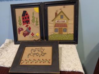 3 Repro Primitive Country Signs Family Forever Welcome Rooster Barn Quilt photo