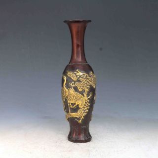 Chinese Purple Bronze Gilt Hand Carved Red - Crowned Crane&pine Vase photo