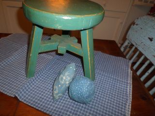 Primitive Little Round Stool Pretty Blue/green Makes A Great Riser To. photo