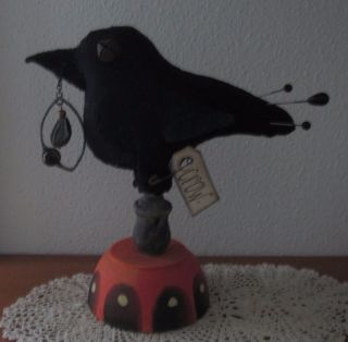 Primitive Wool Crow Bird Pedestal Charm Make Do Pin Cushion Pfatt Ehag photo