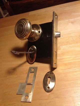 Antique Vintage Art Deco Door Mortise Lock Assembly,  Brass Doorknob Restored photo