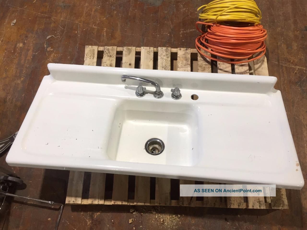 Vintage Double Drainboard Porcelain Cast Iron Farmhouse Sink Antique 54 