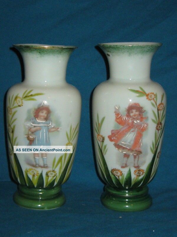 Pair Antique Victorian Hand Painted Enamel Bristol Opaline Glass Mantle Vases Vases photo
