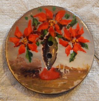 Antique Vintage Button Hand Painted Mother Of Pearl Poinsettias 109 - A photo