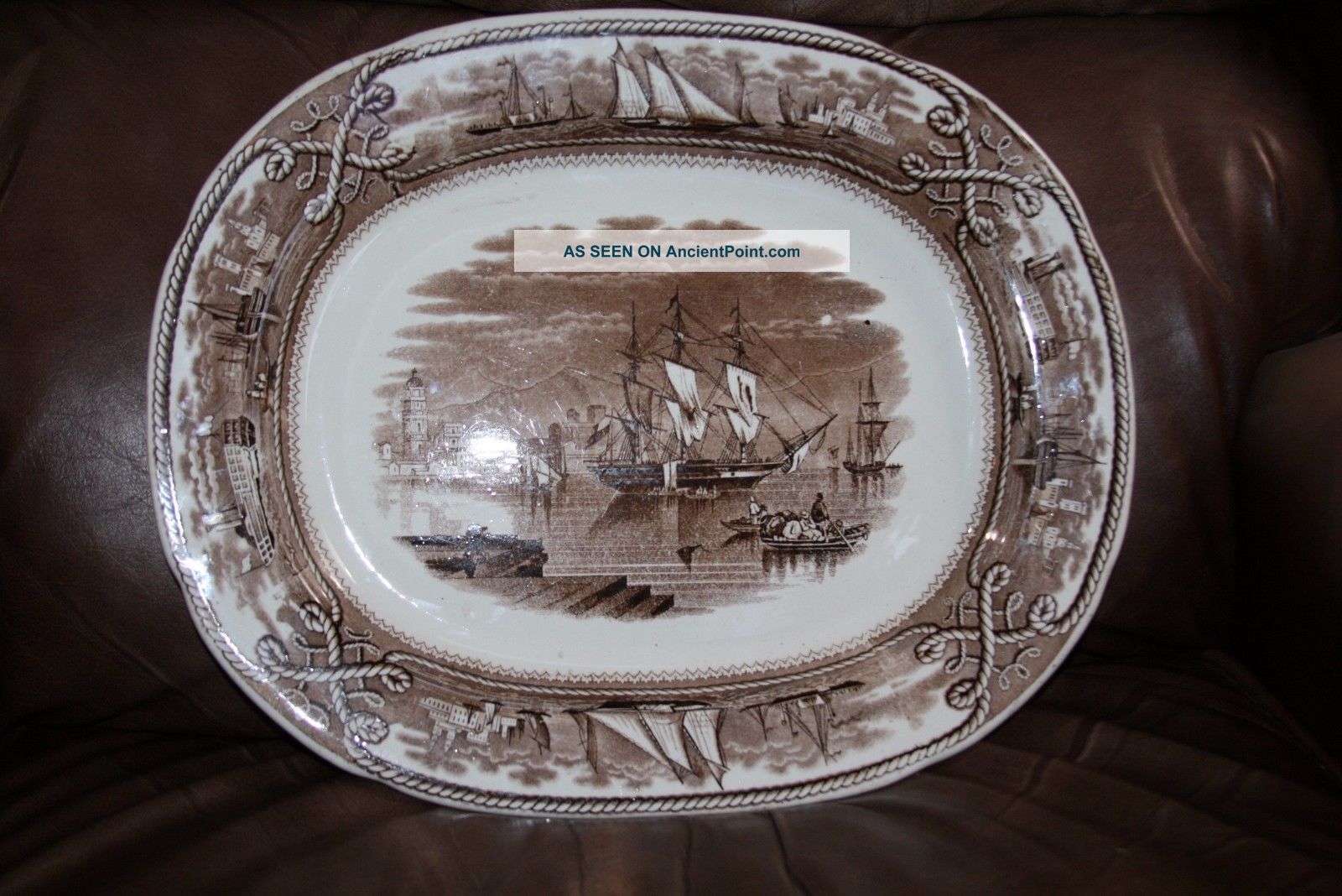 Brown And White Transfer Ware Platter Ashworth Brown Ships,  Water Rope,  Sailboat Platters & Trays photo