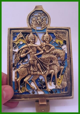 Russian Orthodox Bronze Icon Saints Princes Boris And Gleb.  Enameled photo