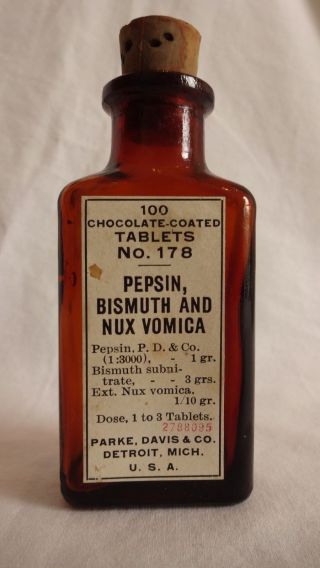 Antique Parke Davis Apothecary Medicine Nux Vomica Cork Top Glass Bottle photo