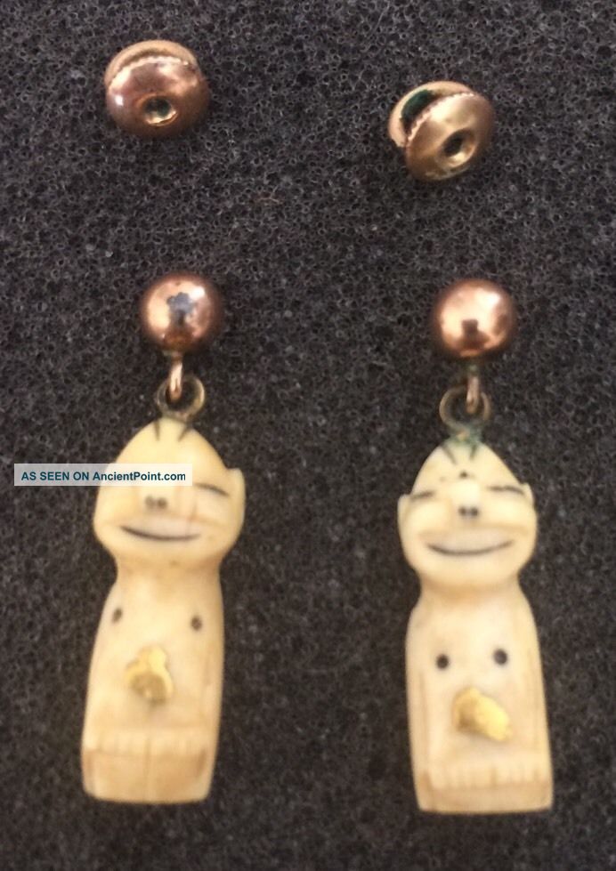 Vintage Hand Carved Alaska Inuit Billiken Charm & Gold Earrings W/ Threaded Post Native American photo