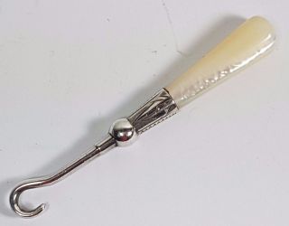 Antique Hm Silver Mother Of Pearl Glove Button Hook 2.  5 