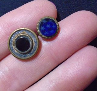 2 Antique 19th C.  Brass Blue Glass Stars Waistcoat Buttons Fairy Dust Black photo