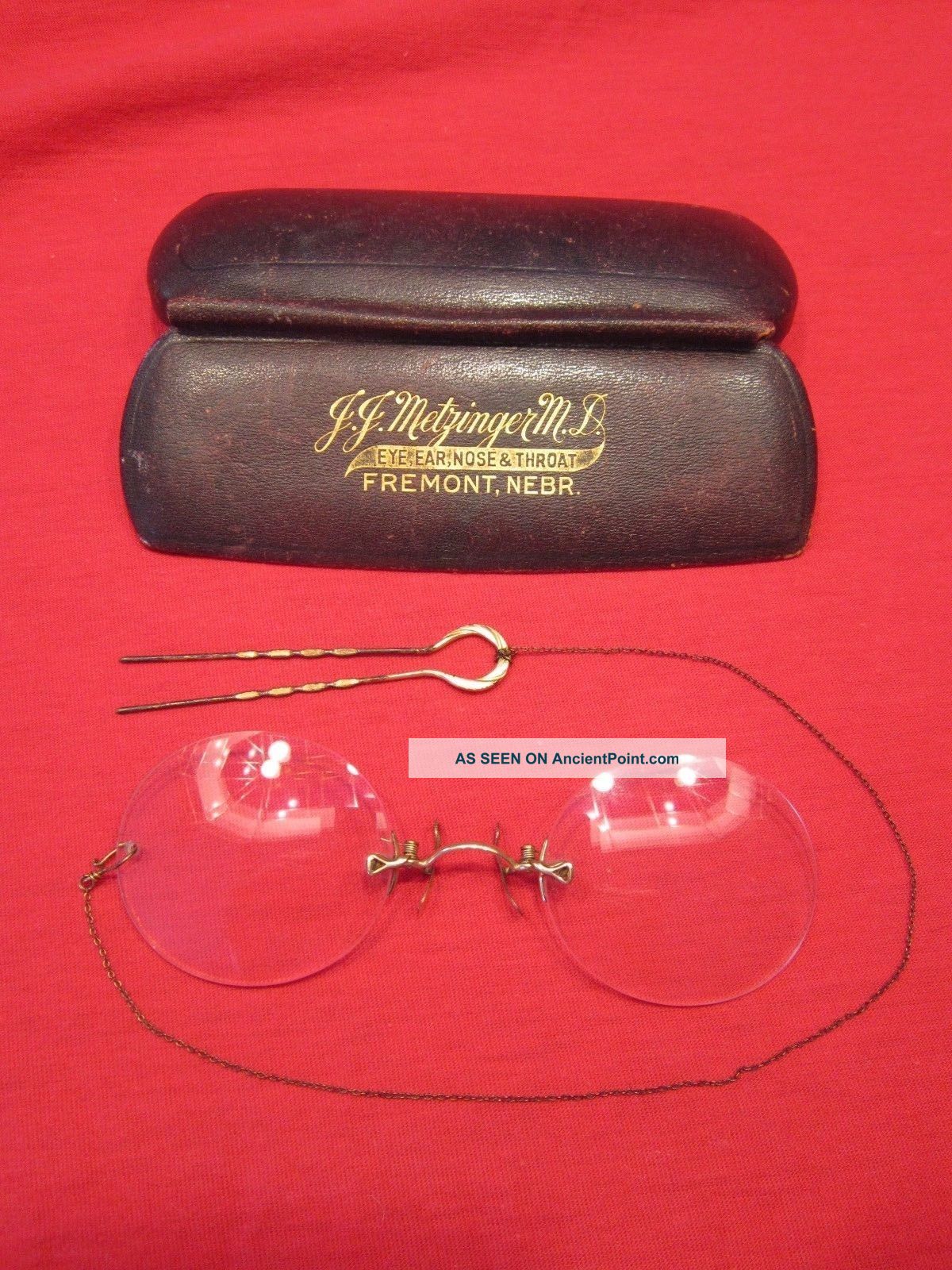 Spectacles Pince - Nez Vintage Eyeglasses Gold Nose Clip,  Hair Pin Chain & Case Optical photo