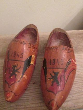Antique Wooden Wwii Belgium Primitive Wood Hand Painted Miniature Shoes 1945 photo