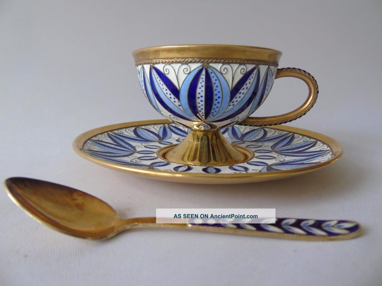 Russian Silver Hallmarked 916 Cloisonne Enamel Gold Wash Cup Saucer & Teaspoon Russian photo