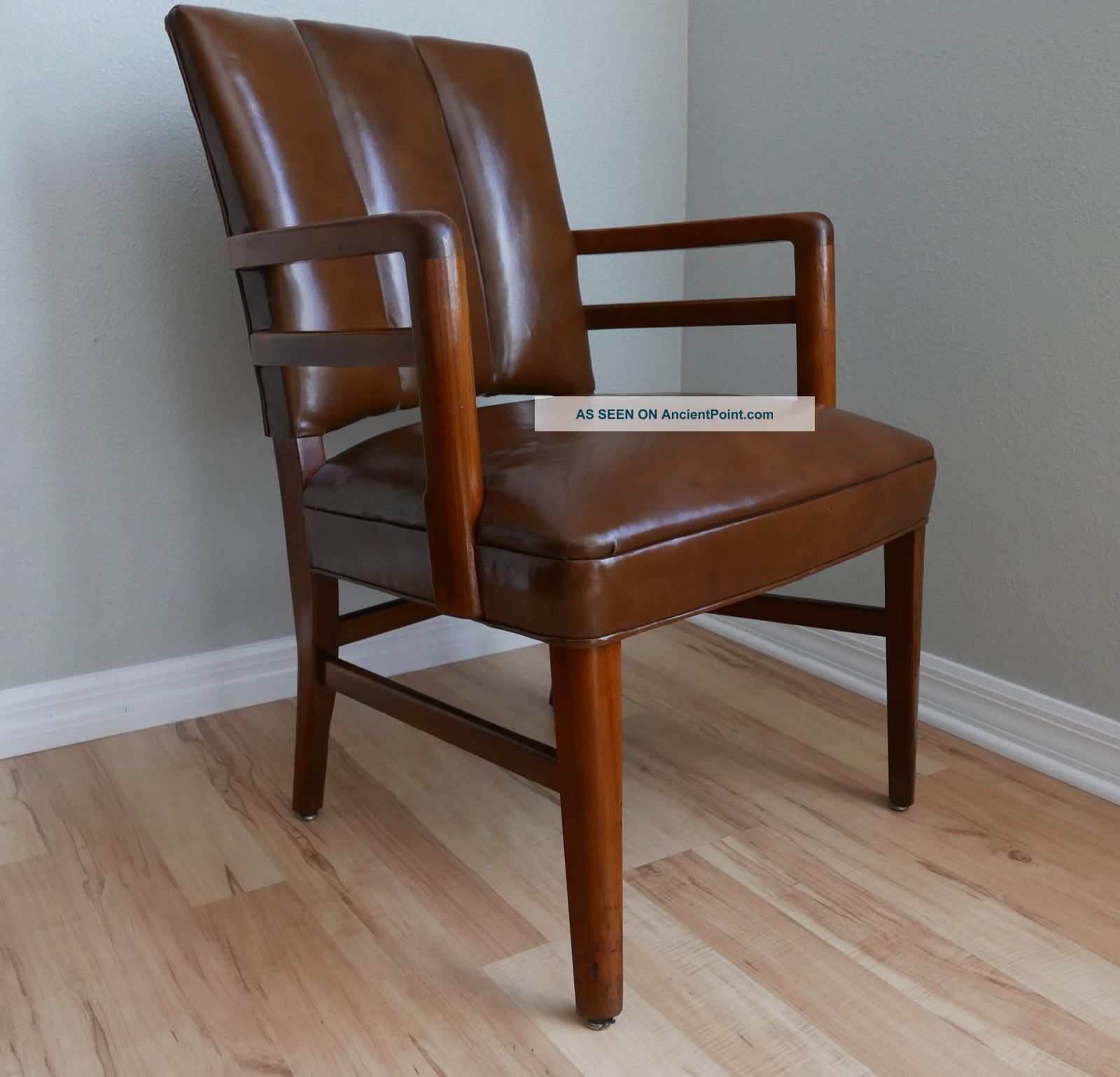 Gunlocke Walnut And Leather Armchair Club Mid Century Modern Chair 1900-1950 photo