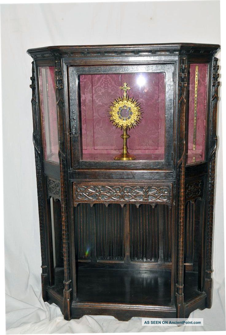 French Gothic Display Cabinet,  Glass Doors,  Oak,  1890s,  Antique,  Religious 1800-1899 photo