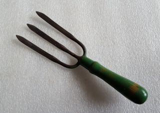 Vintage Garden Fork Spear Claw Tool Green Wood Cast Iron 3 Tines Three Tine photo