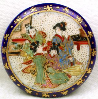 Lg Antique Meiji Satsuma Button 2 Woman & Children Gold Accent Border 1 & 7/16 