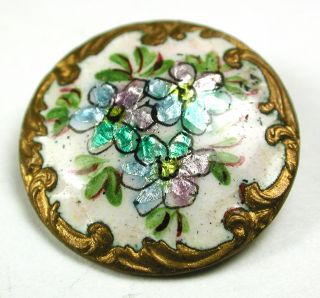 Antique Enamel Button Three Flowers On Foil W/ Fancy Brass Border 13/16 