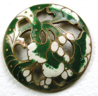 Antique French Enamel Button Pierced Green & Cream Flower Design 1 & 1/16 