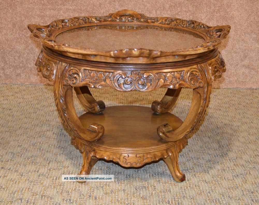 Vintage Ornate Round Inlaid Glass Lift Top Tray Table W/built In Lazy Susan Post-1950 photo