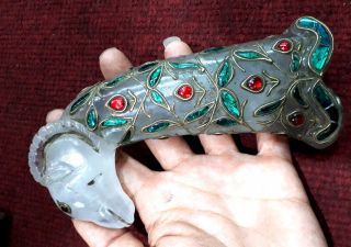 Antique Jade Eye Ruby Ram Emerald Soild Gold Mughal Jade Shamshir Dagger Holder photo