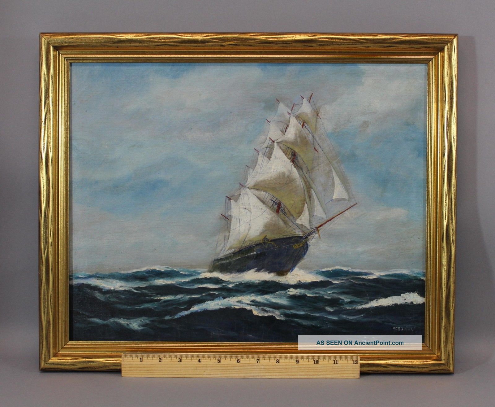 Antique T.  Bailey Maritime O/c Oil Painting,  North America Clipper Ship Folk Art photo