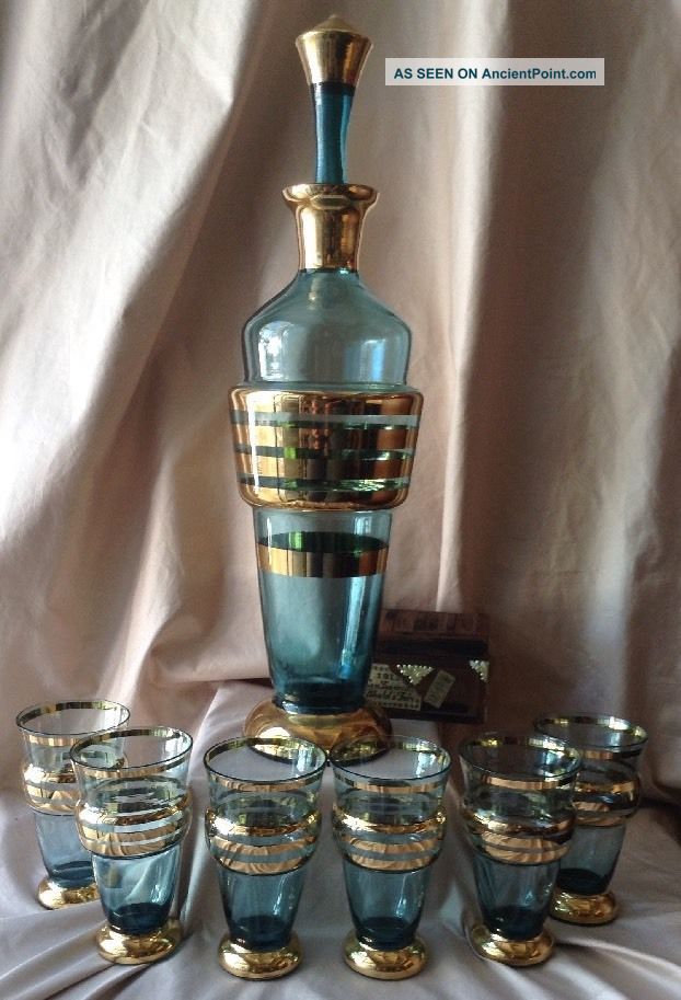 Vintage 1930 ' S Art Deco Bohemian Blue Glass Decanter W/ 6 Glasses Gold Overlay Decanters photo