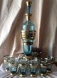 Vintage 1930 ' S Art Deco Bohemian Blue Glass Decanter W/ 6 Glasses Gold Overlay Decanters photo 1