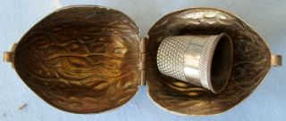 Vintage Sewing Thimble Holder Brass Walnut Shaped Silverplate No.  10 Thimble photo