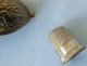 Vintage Sewing Thimble Holder Brass Walnut Shaped Silverplate No.  10 Thimble Thimbles photo 3