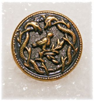 Rare Antique Brass Button Two Snakes Drooling Over Bird On Branch Galena Back photo