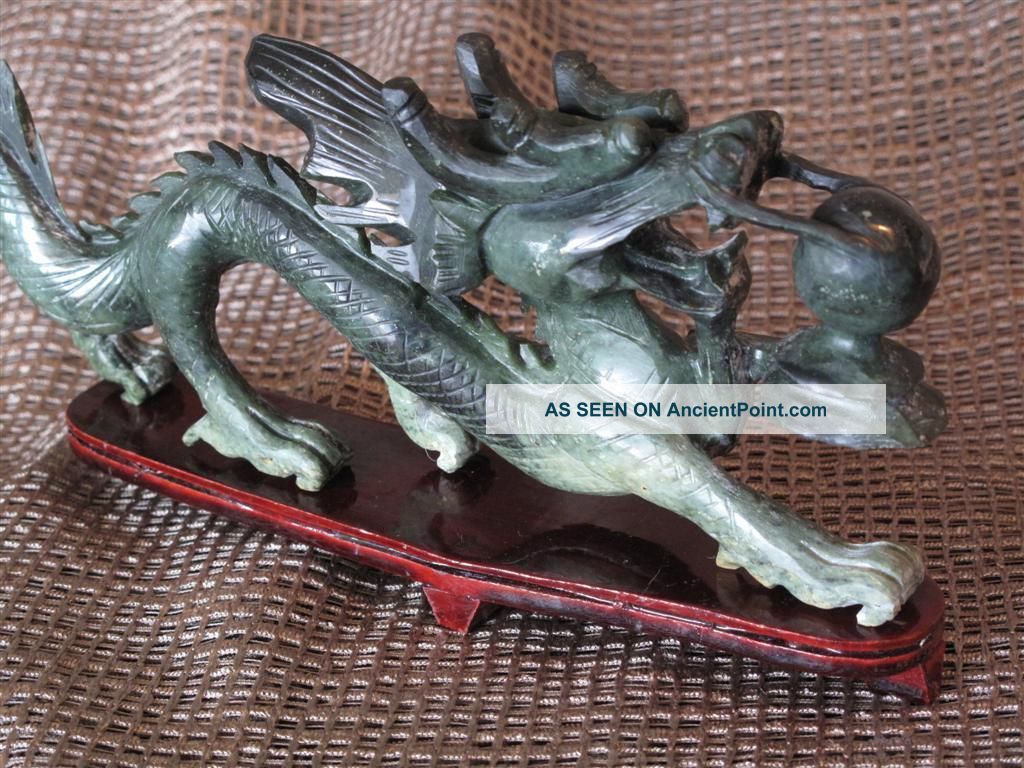 Old Chinese Carved Stone Dragon On Redwood Stand …beautiful Jade Green Other Asian Antiques photo