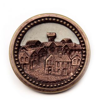 Collectible Antique Victorian Pictorial Bohemian Village Metal Button Geschutzt photo