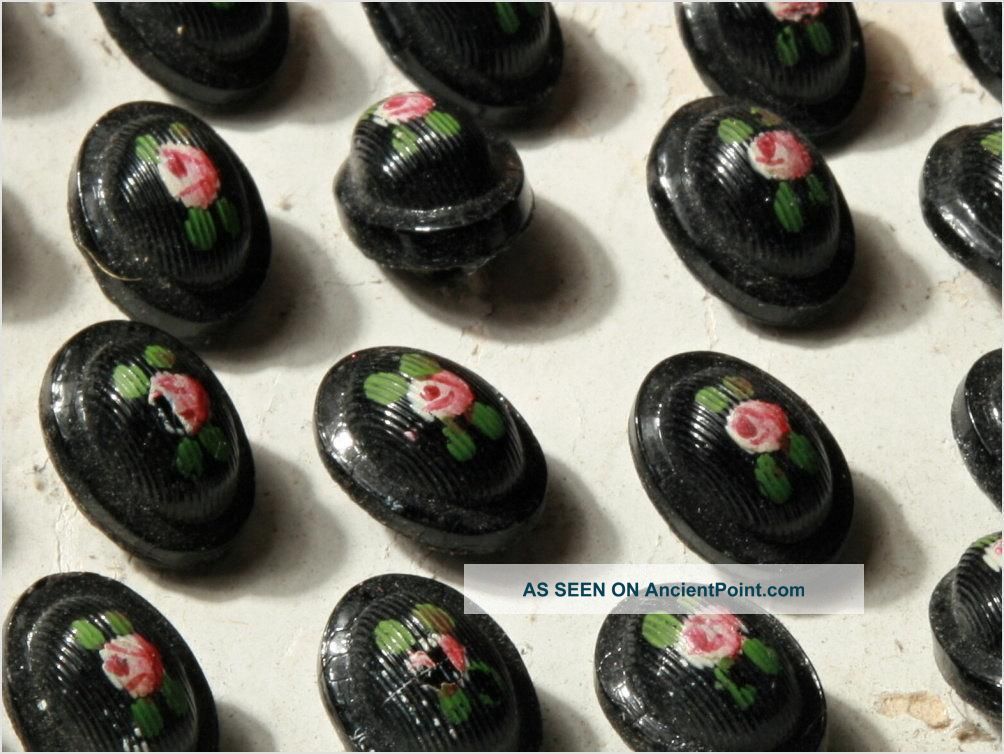 Card (24) 11mm Vtg Czech Victorian Rose Painted Oval Ribbed Black Glass Buttons Buttons photo
