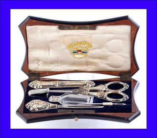 Antique Silver Sewing Kit In A Fine Boulle - Style Marquetry Case.  France,  19th C. photo