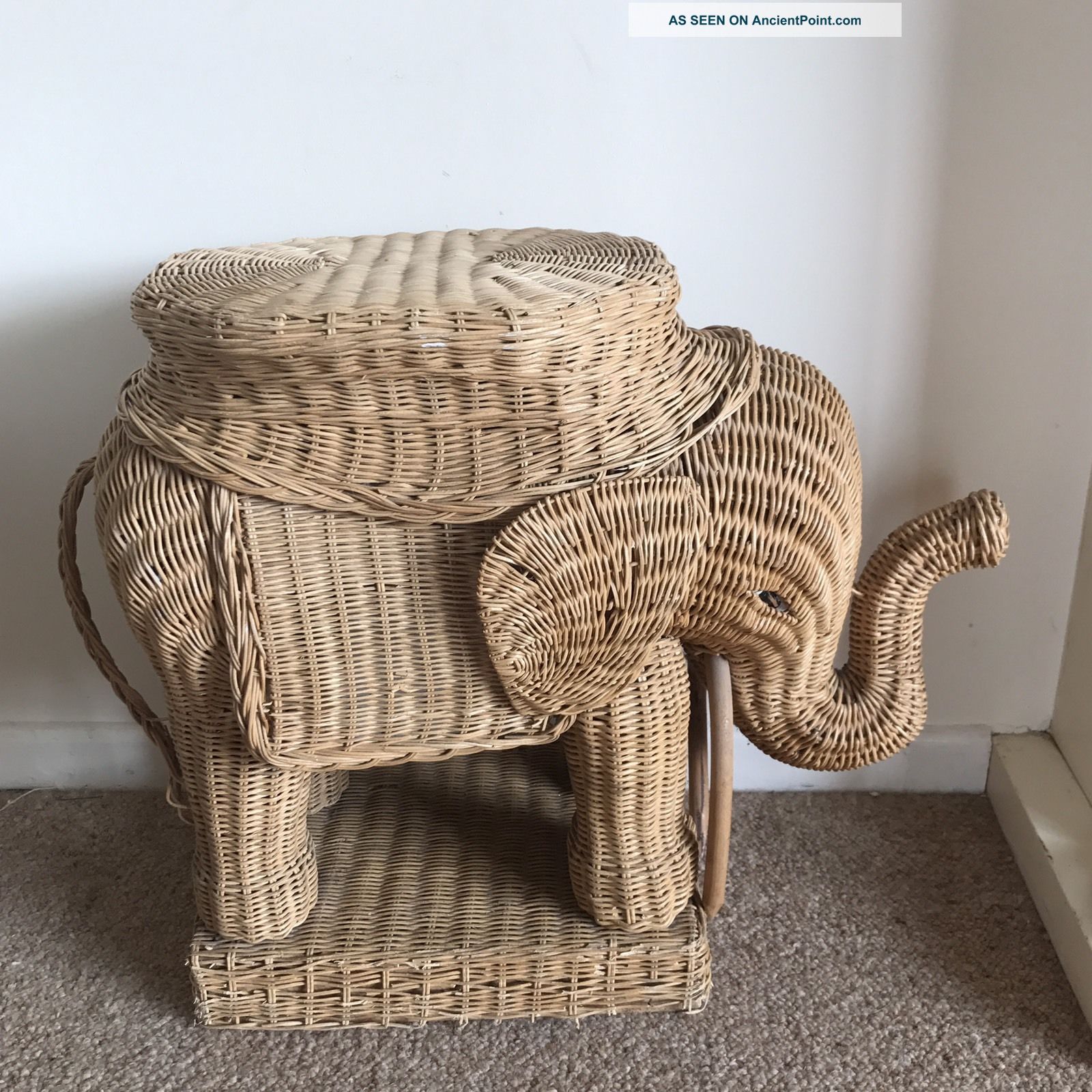 Large Wicker Elephant Table Plant Stand Trunk Up Tusks 1900-1950 photo