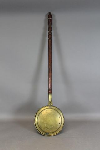 A Very Fine 18th C Brass Bedwarmer With An Engraved Lid Painted Handle photo