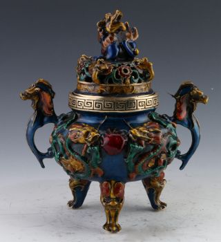 Rare Cloisonne Handwork Dragon Incense Burner & Foo Dog Lid W Xuande Mark photo