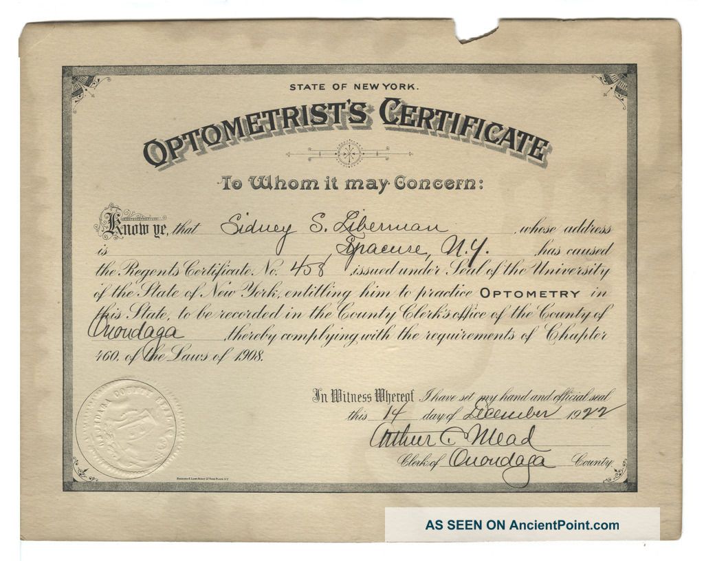 Vintage 1922 Optometrist ' S Certificate No.  458,  State Of York,  Onondaga Coun Optical photo