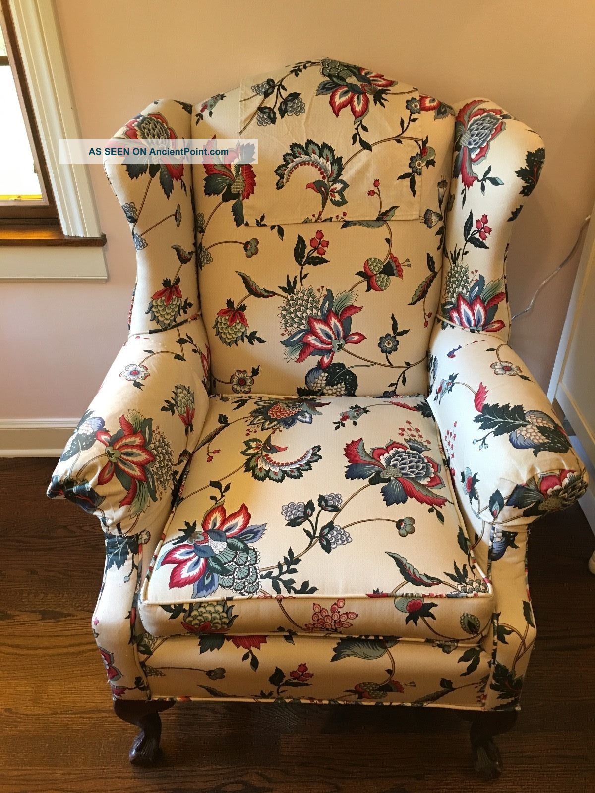 Vintage Wing Back Claw Foot Chair With Matching Foot Stool Post-1950 photo