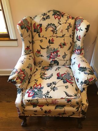 Vintage Wing Back Claw Foot Chair With Matching Foot Stool photo