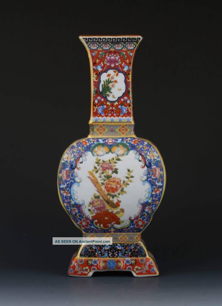 Chinese Cloisonne Handwork Paint Flowers & Birds Porcelain Vase W Yongzheng Mark Vases photo