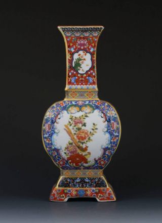 Chinese Cloisonne Handwork Paint Flowers & Birds Porcelain Vase W Yongzheng Mark photo
