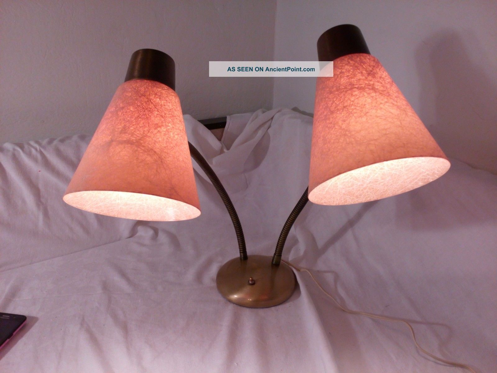 Vintage Mid Century Modern Table Lamp Fiberglass Cone Shades Double Goose Neck Mid-Century Modernism photo