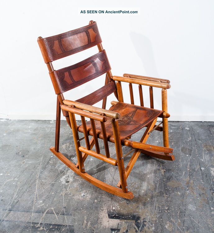 Mid Century Teak Rocking Chair Saddle Leather Folding Campaign Vintage Pazmino Mid-Century Modernism photo