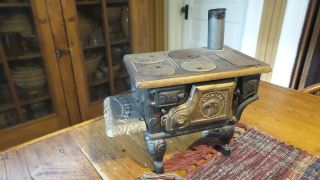Antique Toy Cast Iron Stove,  Liberty & Utensils Miniature photo