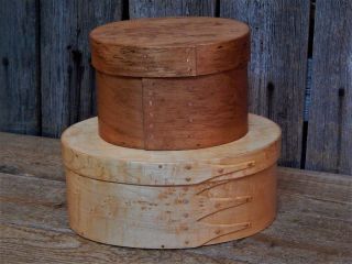 2 Vintage Signed Shaker Oval Wood Box Stacked Pantry Birdseye Maple A, photo