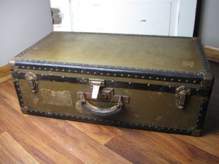 Vintage Antique Steamer Style Hard Sided Suitcase Trunk Locker Railroad Carry On photo