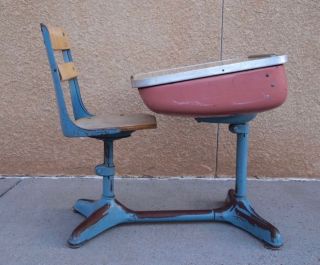 Vintage 1930s Child ' S School Desk & Chair Wood And Metal photo
